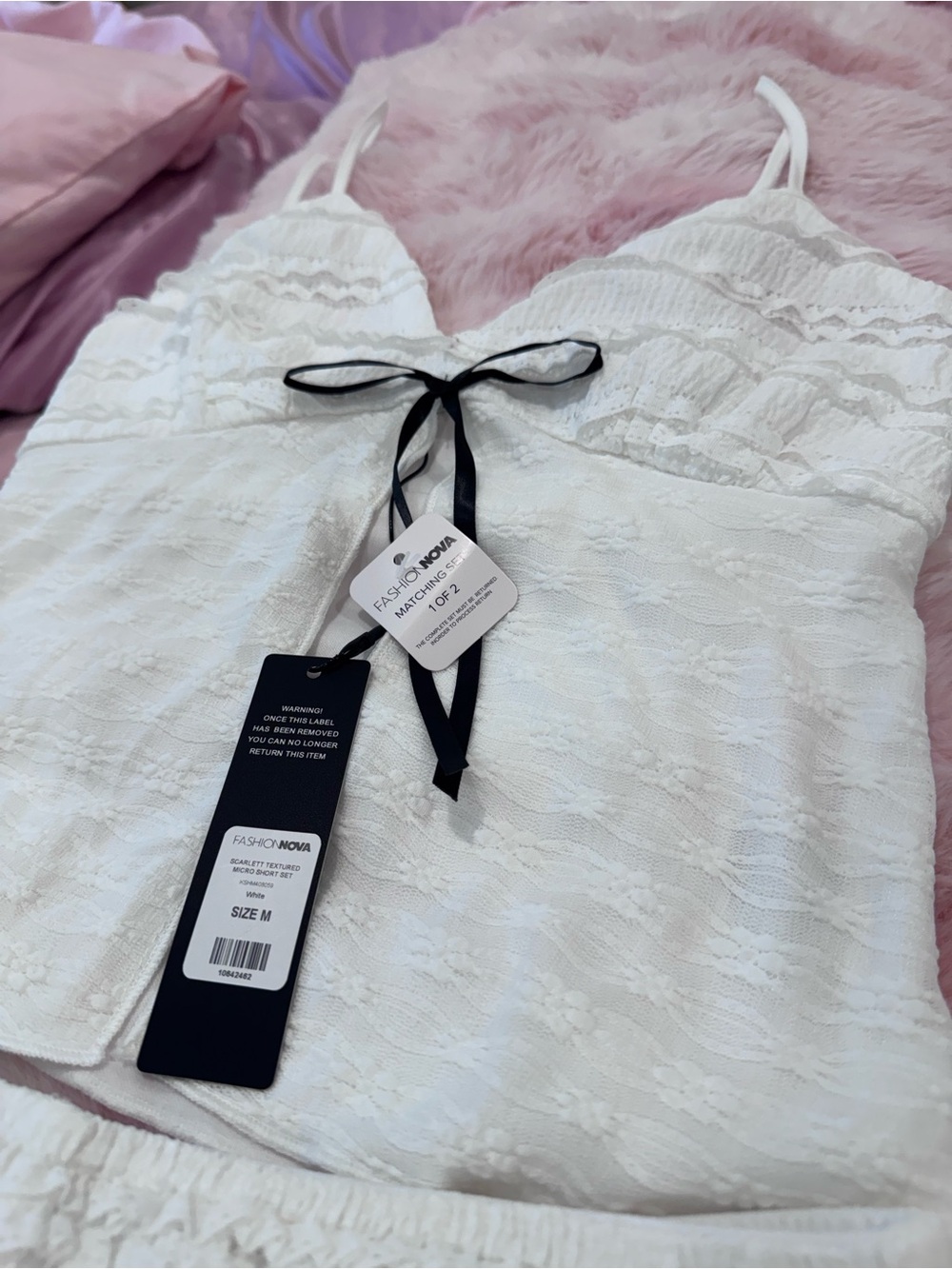 Fashion Nova Matching Set White Lace Cami with Black Ribbon Detail & Bloomer Sho